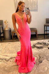 Mermaid Deep V Neck Orange Long Prom Dress with Beading