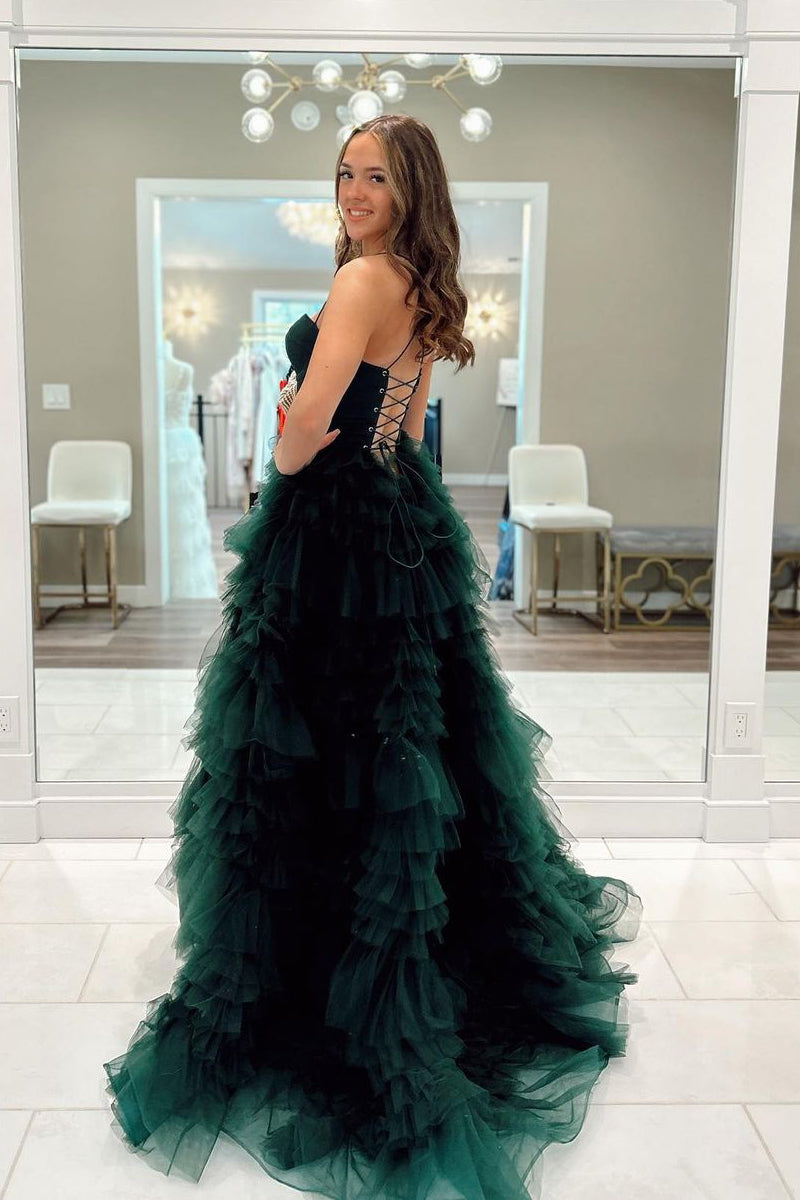 Dark Green Chic Sweetheart Collar Ruffle Tiered Tulle Material Long Prom Dresses with Split Design