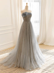 A-Line Gray Tulle Sequin Long Prom Dress Gray Long Formal Dress