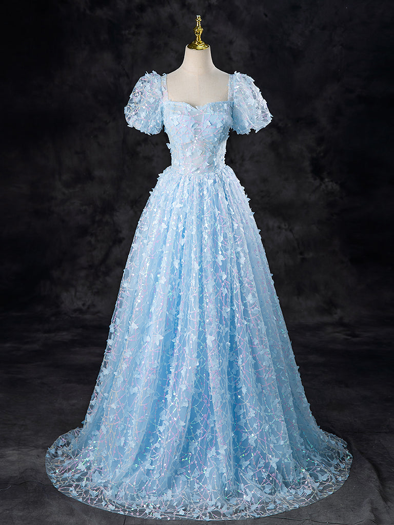 A-Line Tulle Sequin Lace Blue Long Prom Dress Blue Long Formal Dress