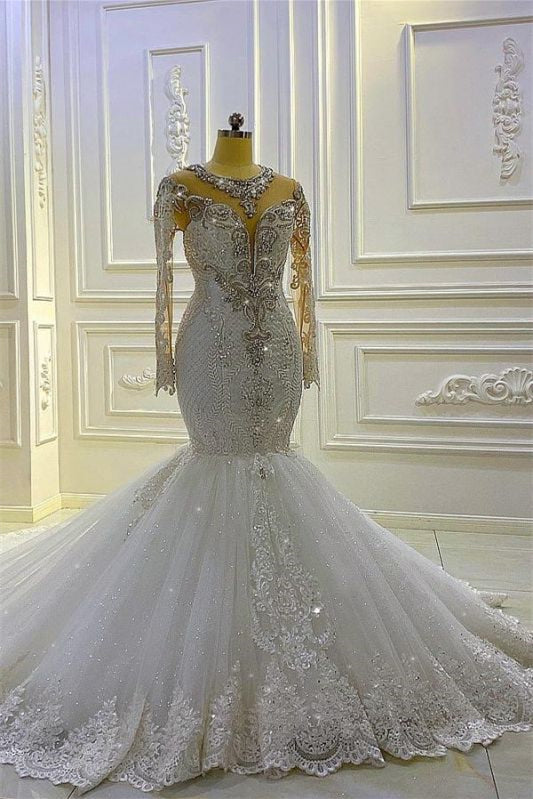 Jewel Neck Long Sleeve Mermaid Wedding Dress with Beading and Appliques