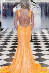 Sparkly Orange Mermaid Lace-Up Back Long Sequins Prom Dress