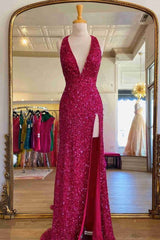 Sparkly Fuchsia Mermaid Halter Backless Long Sequins Prom Dress with Slit