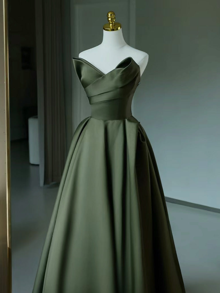 A-Line V-Neck Satin Green Long Prom Dress Green Long Formal Dress