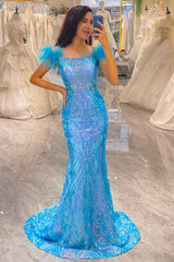 Glitter Light Blue Mermaid Long Feathered Prom Dress