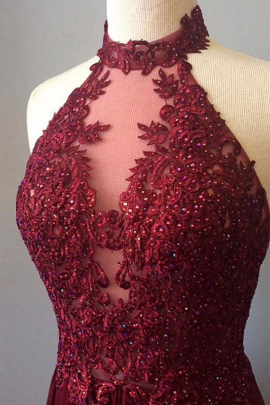 Burgundy Lace High Neck Long Prom Dress Burgundy Evening Dress