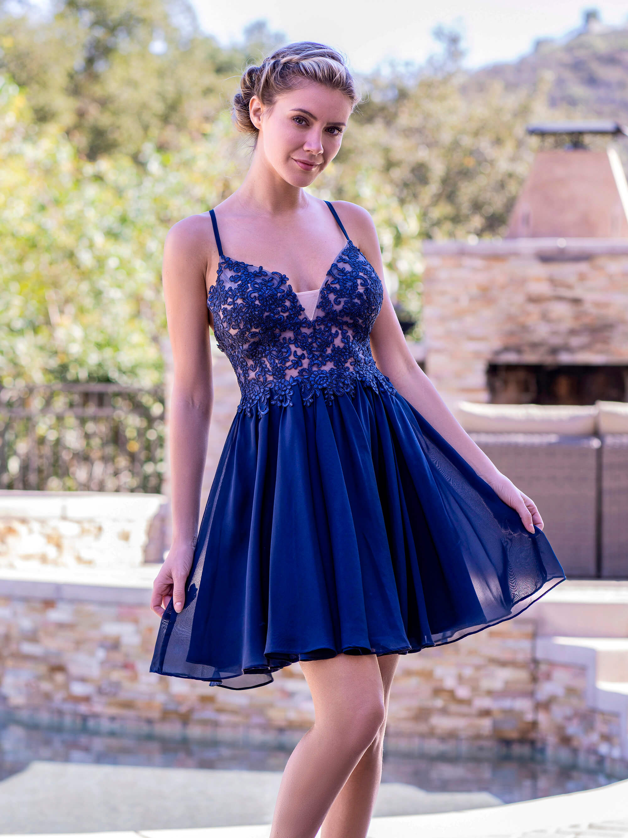 deep v applique back lace up mini length homecoming dress