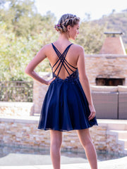 deep v applique back lace up mini length homecoming dress