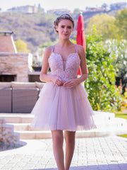 deep sexy v neck applique tulle mini length homecoming dress