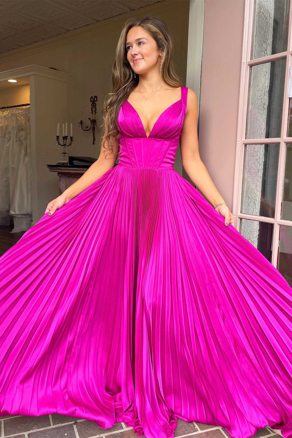 Luella Dressystars  A-Line Sexy V-Neck Fuchsia Pleated Long Prom Dress