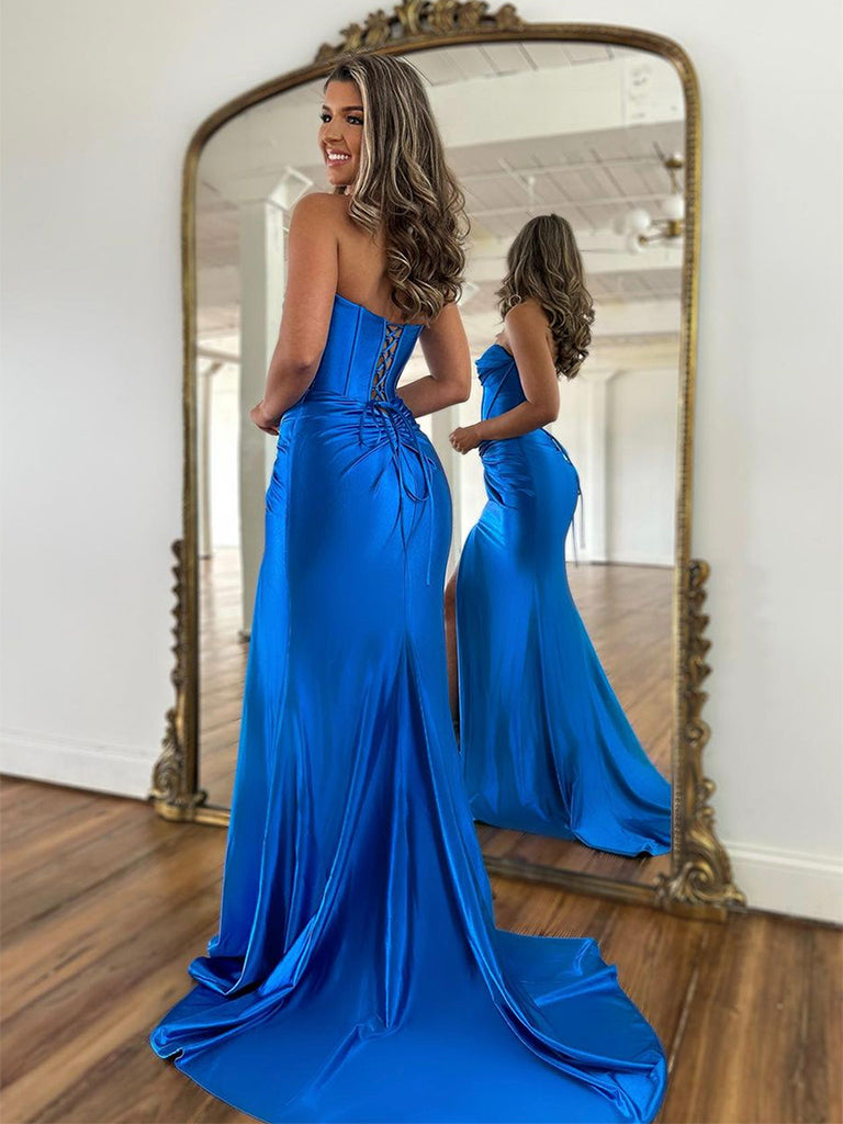 Simple Sweetheart Neck Satin Blue Long Prom Dress Blue Long Formal Dress