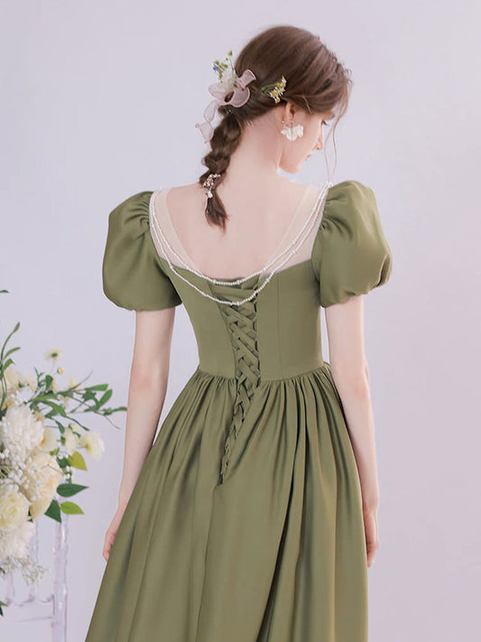 A-Line Green Satin Tea-Length Prom Dress Green Long Formal Dress