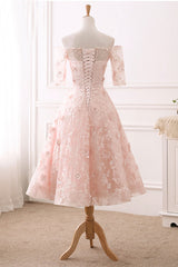 Pink Lace Tulle Tea-Length Prom Dress Lace Evening Dress