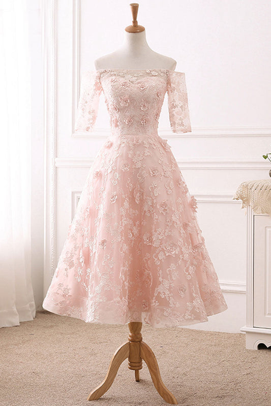 Pink Lace Tulle Tea-Length Prom Dress Lace Evening Dress