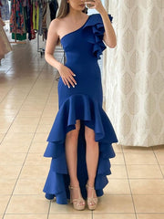 Royal Blue Satin One-Shoulder Long Prom Dress Blue Cocktail Dress