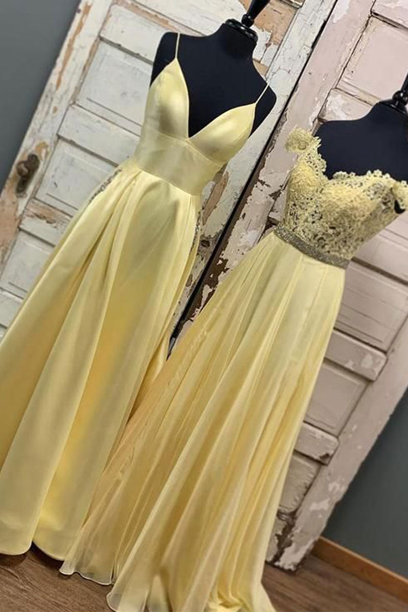 Yellow A-Line Long Prom Dress Yellow Lace Evening Dress