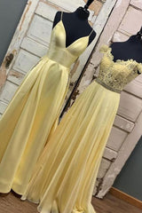 Yellow A-Line Long Prom Dress Yellow Lace Evening Dress