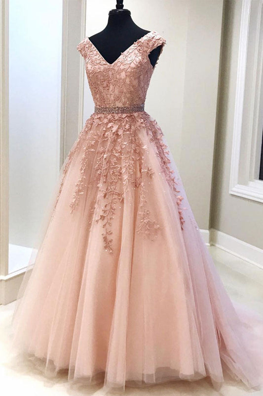 Pink V-Neck Tulle Lace Long Prom Dress Pink Evening Gown