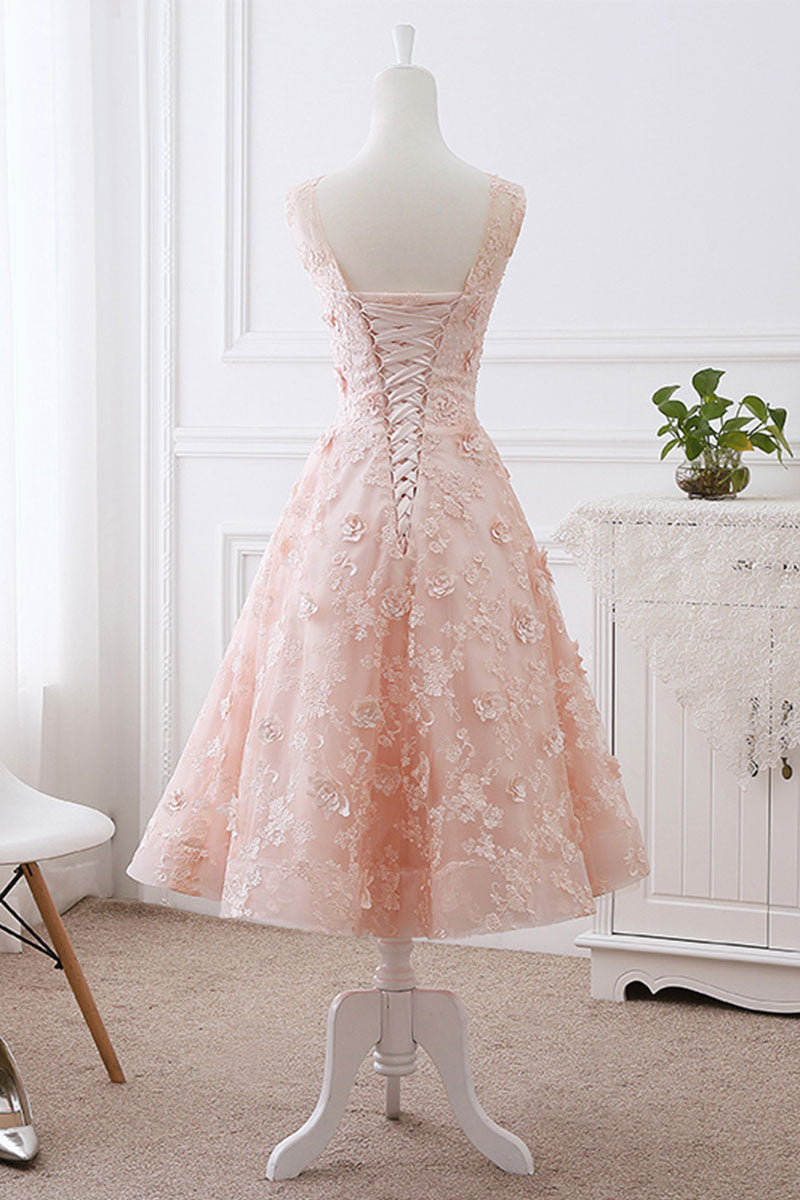 Pink Lace Round Neck Tea-Length Prom Dress Lace Evening Dress