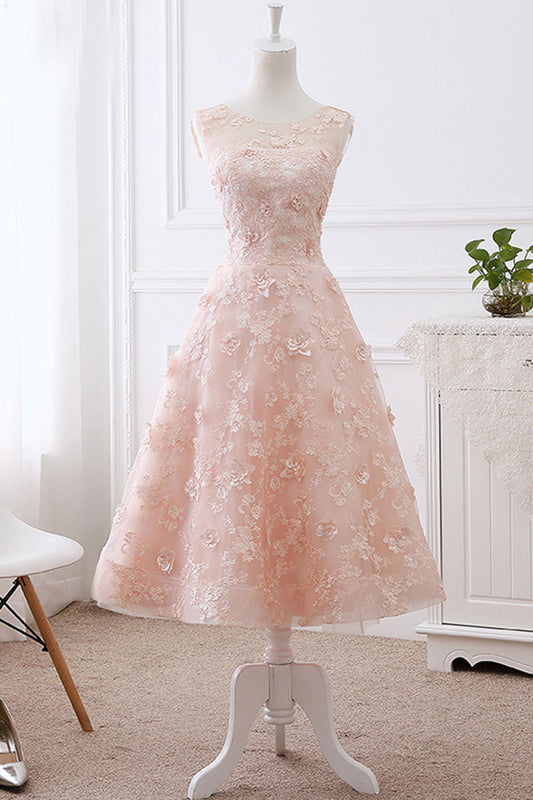 Pink Lace Round Neck Tea-Length Prom Dress Lace Evening Dress