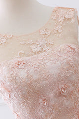 Pink Lace Round Neck Tea-Length Prom Dress Lace Evening Dress