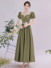 A-Line Green Satin Tea-Length Prom Dress Green Long Formal Dress