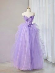 A-Line Sweetheart Neck Tulle Lace Appliqu¨¦ Purple Long Prom Dress Purple Formal Dress