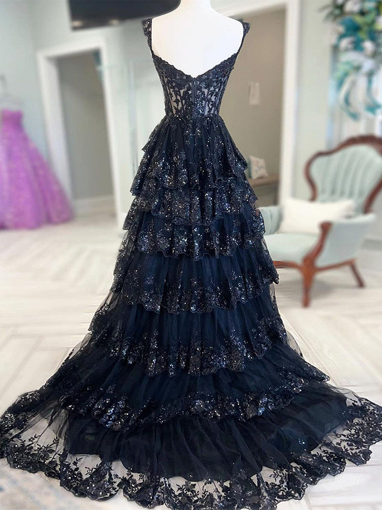 A-Line Sweetheart Neck Tulle Sequin Black Long Prom Dress Sequin Black Long Formal Evening Dress