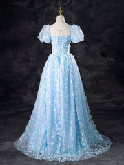 A-Line Tulle Sequin Lace Blue Long Prom Dress Blue Long Formal Dress