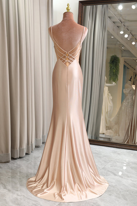 Champagne Mermaid Backless Long Prom Dress