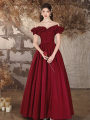 A-Line Off-Shoulder Satin Burgundy Long Prom Dress