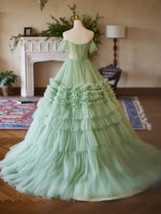 A-Line Off-Shoulder Tulle Green Long Prom Dress Green Long Sweet 16 Dress