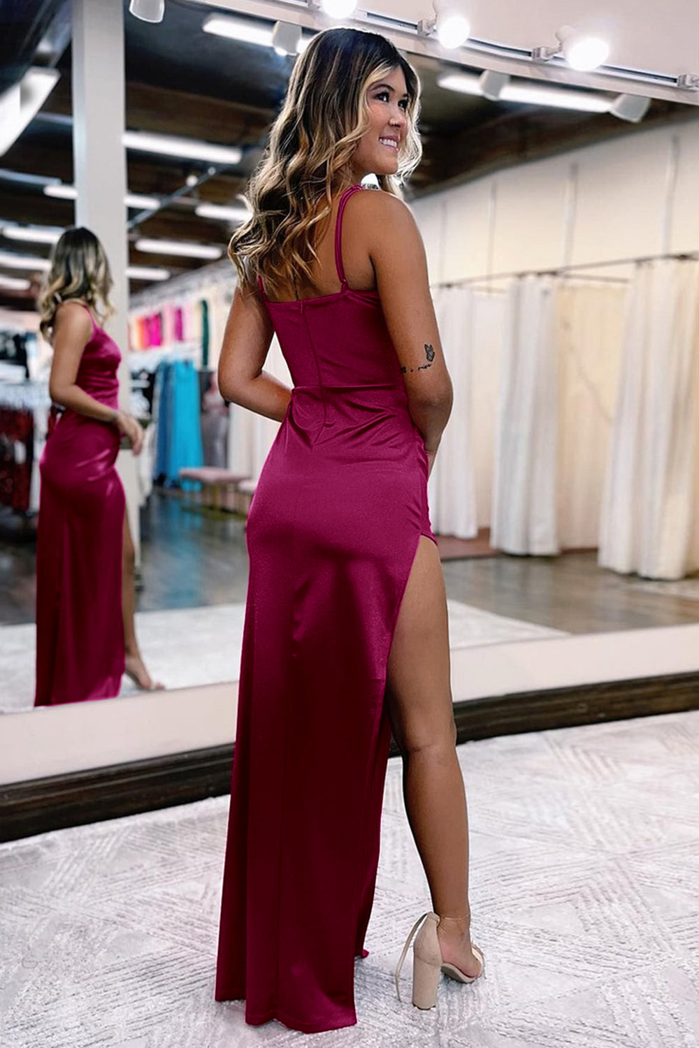 Hot Pink Satin V-Neck Simple Prom Dress with Slit