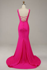 Mermaid V Neck Hot Pink Long Prom Dress with Beading