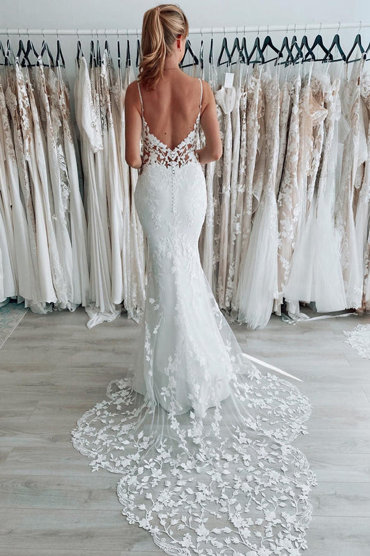 Chic White Spaghetti Straps Backless Long Wedding Dress with Lace