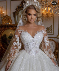 Luxury Long Ball Gown with Puffy Sleeves and Appliques