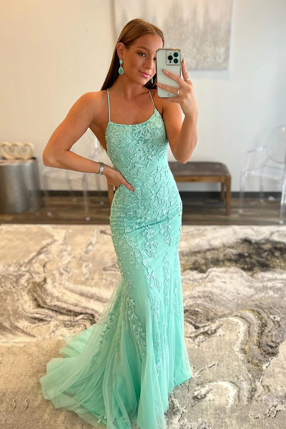 Blue Spaghetti Straps Mermaid Prom Dress With Appliques