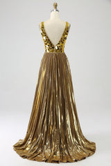 Glitter Golden Backless Long Mirror Prom Dress