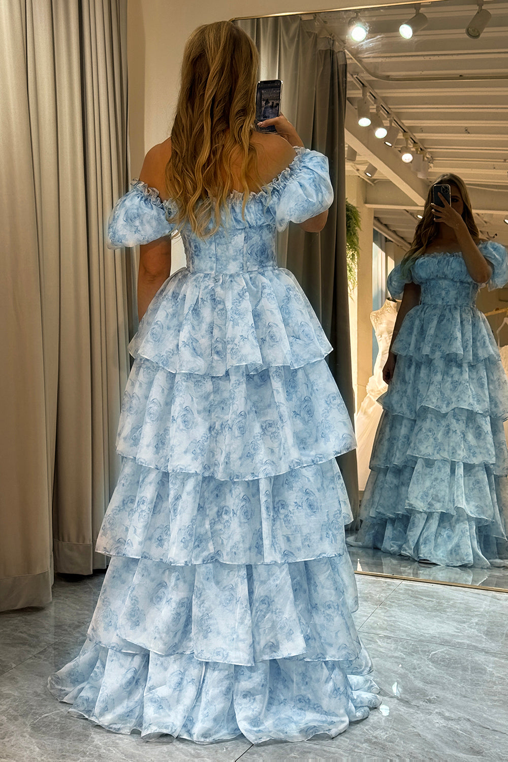 Light Blue A Line Long Tiered Corset Prom Dress