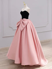 A-Line Sweetheart Neck Satin Velvet Pink Long Prom Dress Pink Long Formal Gown