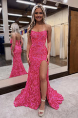 Fuchsia Strapless Sequin Material  Lace Mermaid Prom Dresses with Split Design