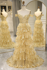 Glitter Golden Tiered A-Line Long Prom Dress with Lace