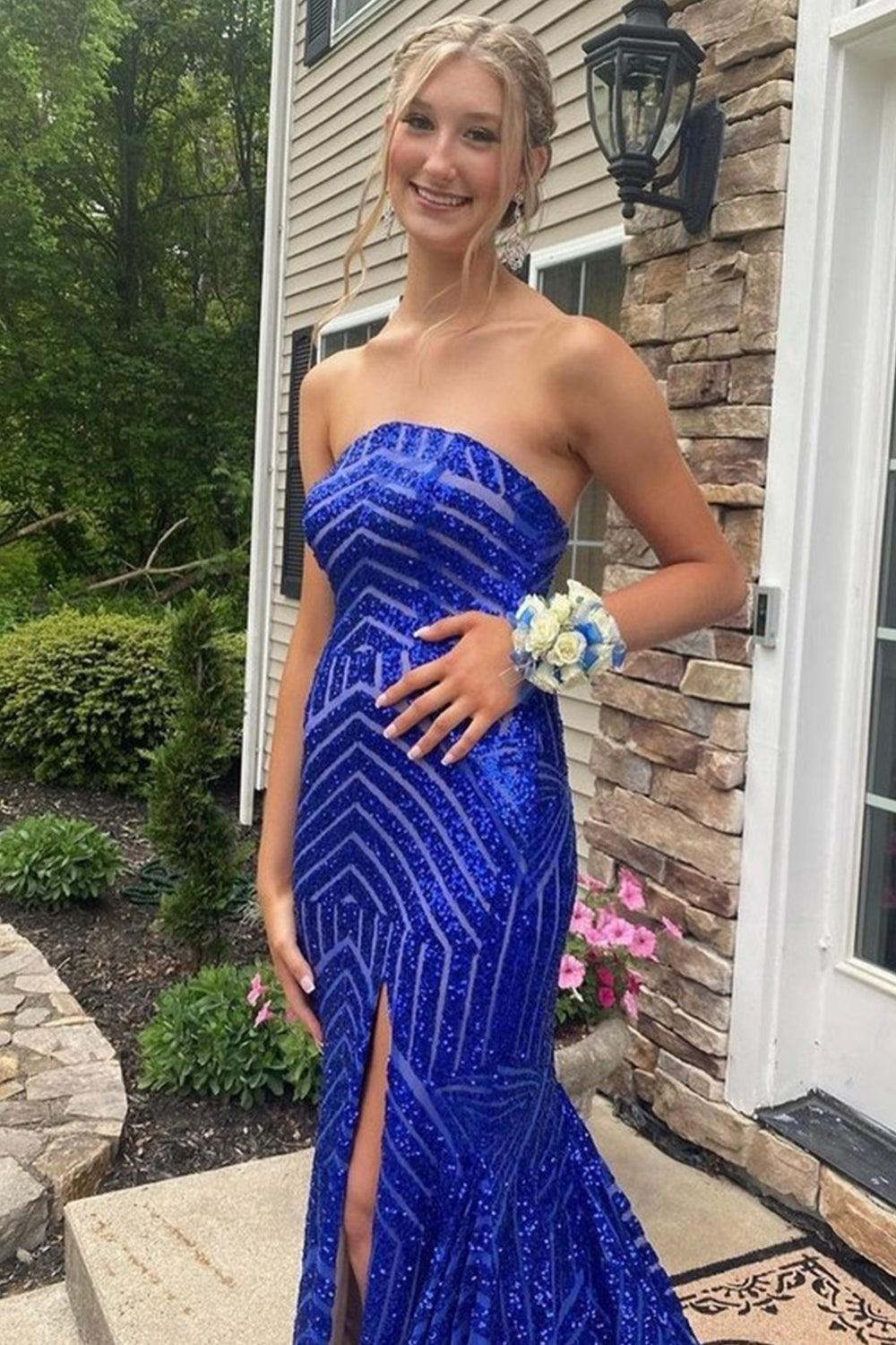 Sky Blue Sequins Strapless Long Prom Dress