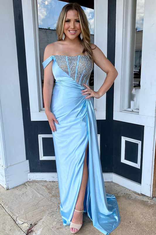 Sparkly Light Blue Beaded Corset One Shoulder Long Satin Prom Dress