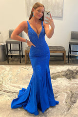 Mermaid Deep V Neck Orange Long Prom Dress with Beading