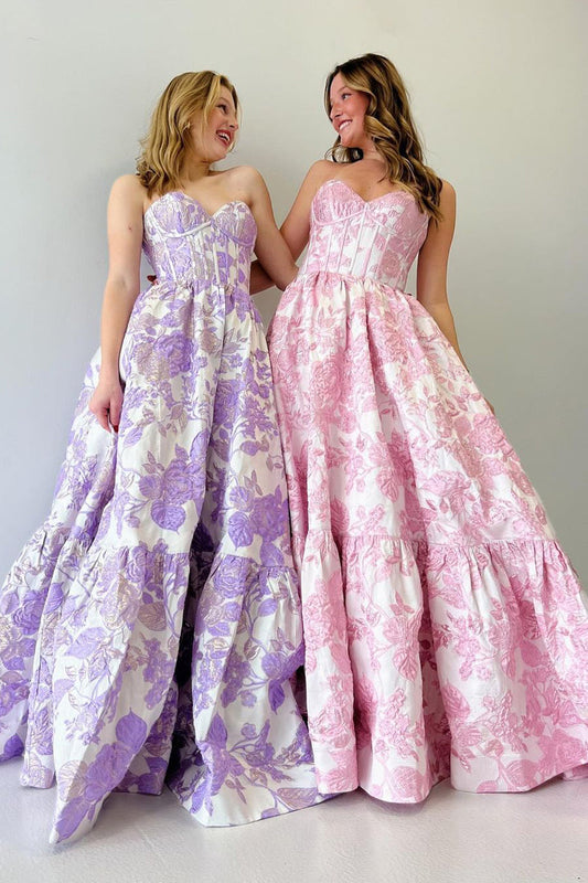 A-Line Chic Sweetheart Collar Floral Printed Long Prom Dresses