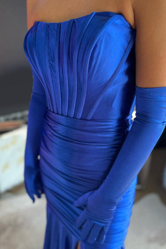 Royal Blue Corset Detachable Sleeves Mermaid Long Prom Dress with Slit(Gloves are not Included)