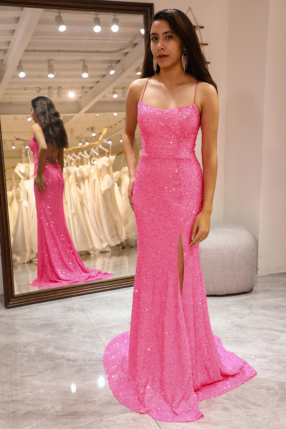 Sparkly Pink Mermaid Long Prom Dress With Slit