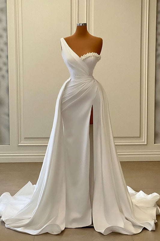 One-Shoulder Charmeuse White Wedding Dress with Beading