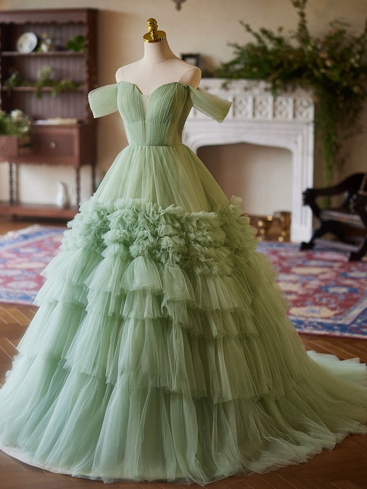 A-Line Off-Shoulder Tulle Green Long Prom Dress Green Long Sweet 16 Dress